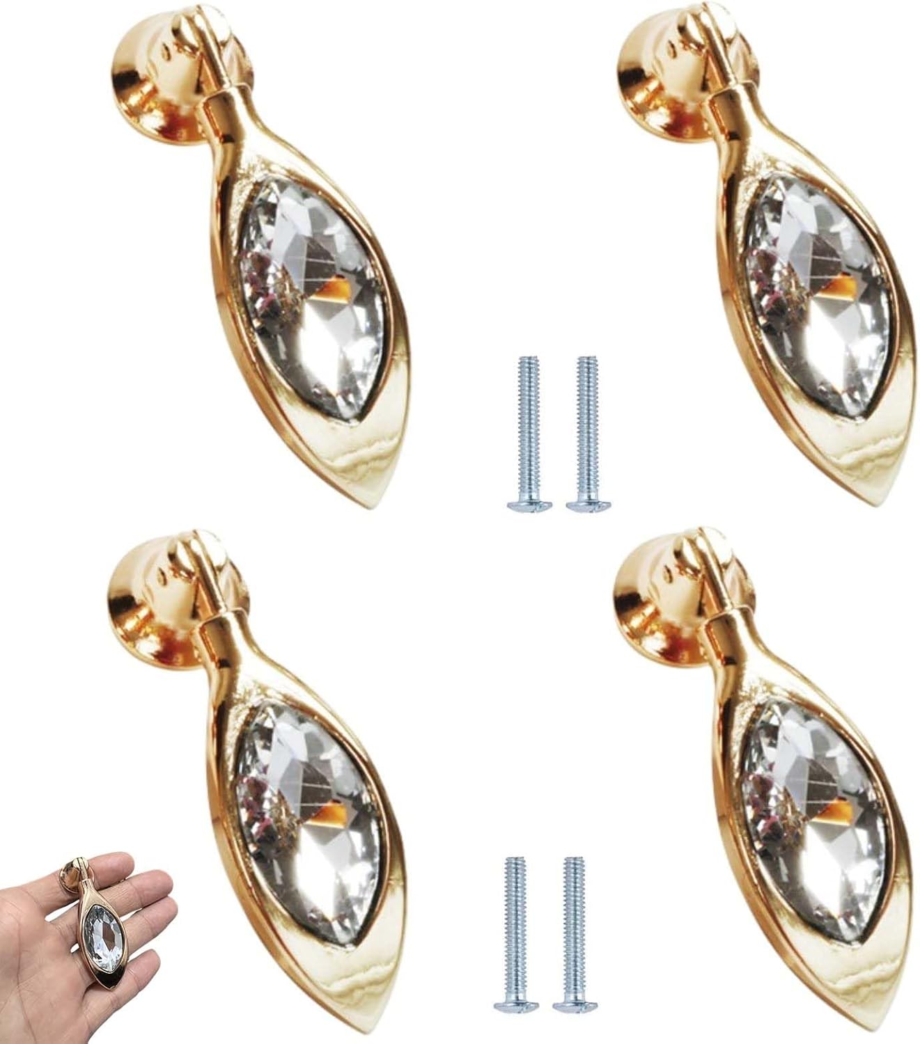 PILYON Door Knobs 4 Pcs Crystal Pendant Handle Glass Single Hole Door Knob Leaf Shape Zinc Alloy, Bright
