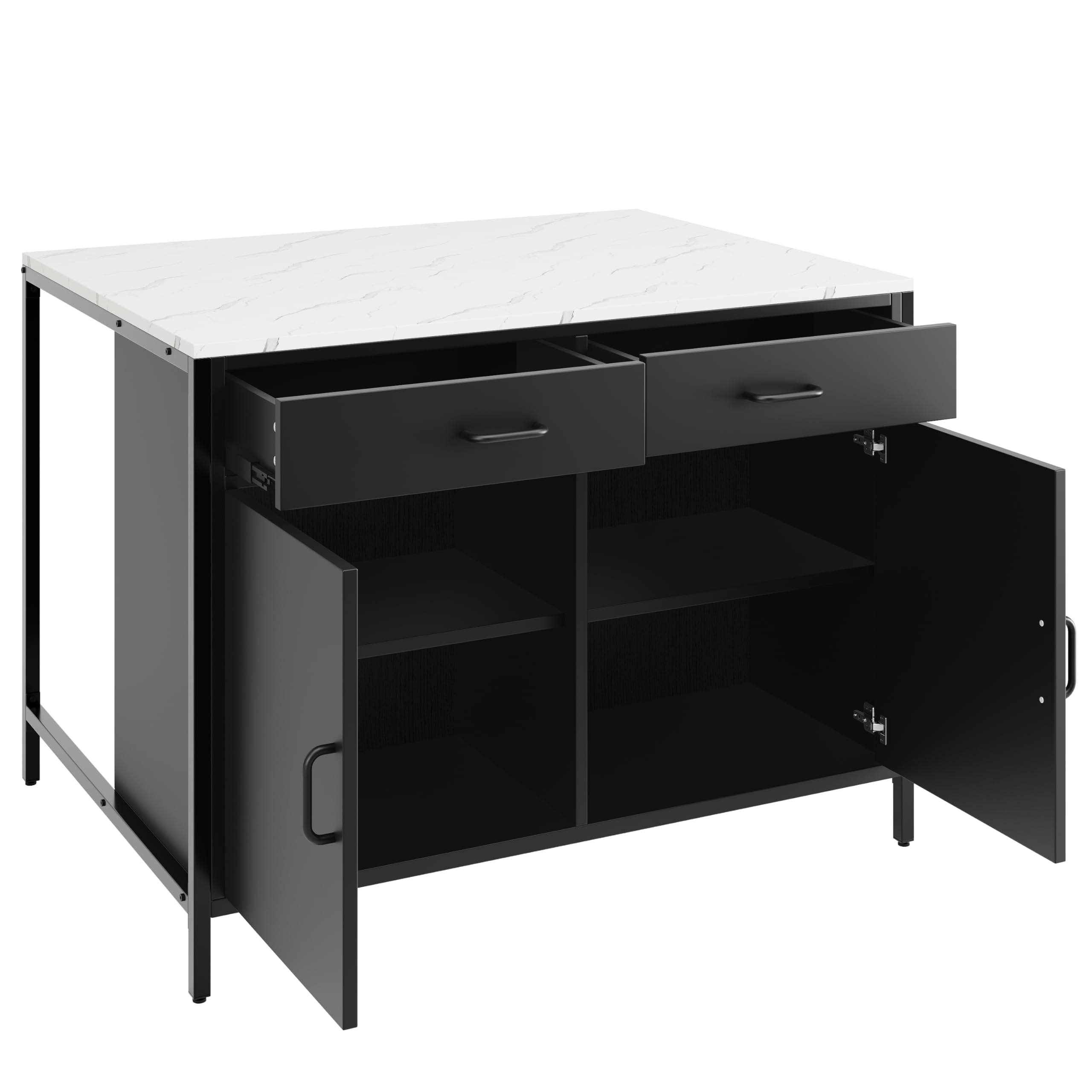 Kücheninsel, Küchenschrank mit 2 Schubladen, Frühstückstisch, Bar, Kücheninsel mit Regalen, Kücheninsel, Kücheninsel mit Marmorarbeitsplatten, 100 x 90 x 90cm,Verstellbare Füße,Schwarz + Weiß