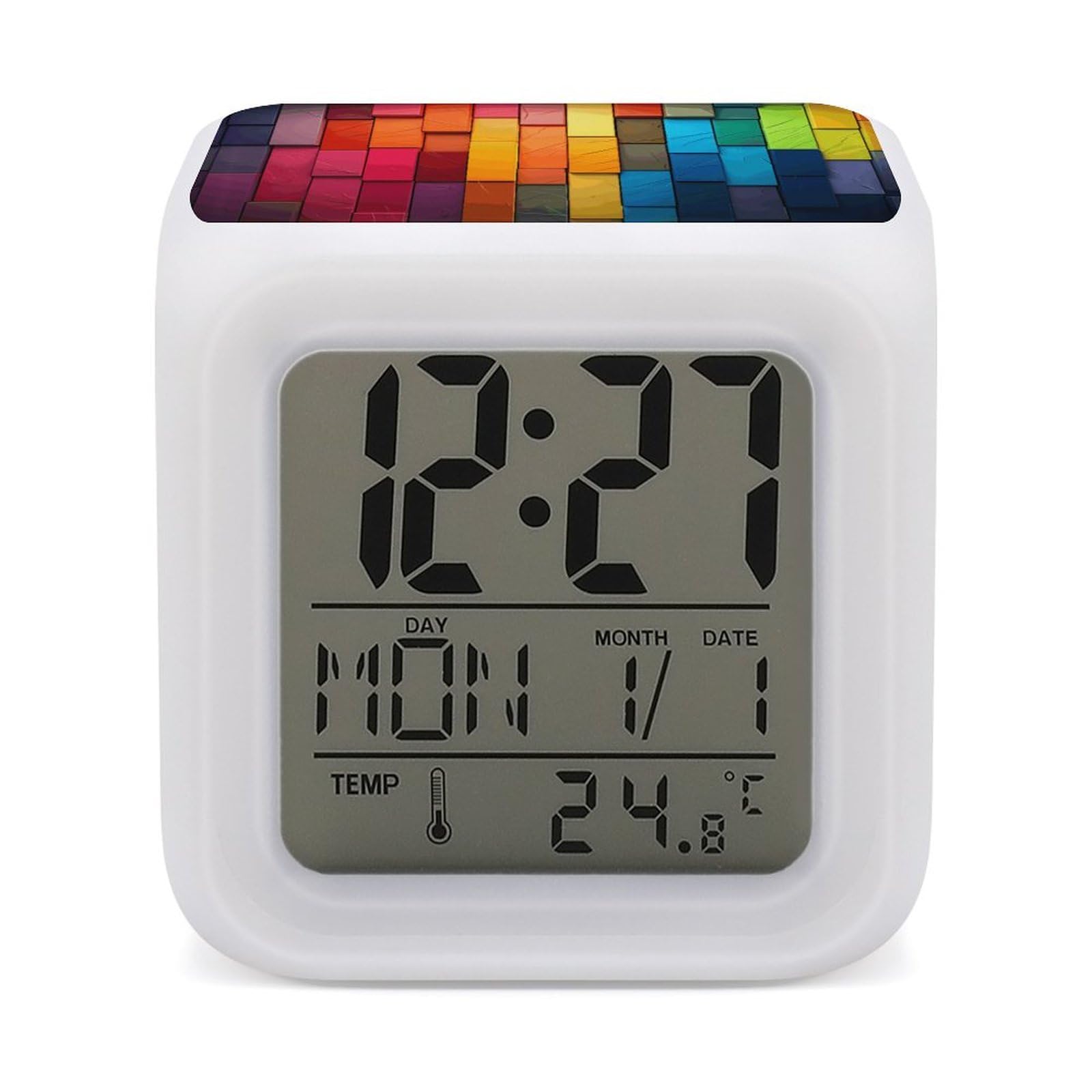 JTREHY 7 Color Changing LED Digital Alarm Clock,Colorful Board Printed Wake-up Clock with Temperature Display Home Decoration Alarm Clock for Bedroom Office