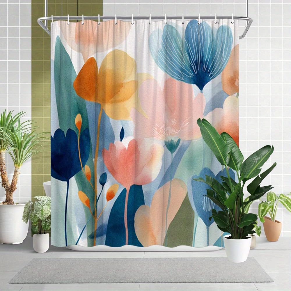 GLWDMB 1 Piece 180x180CM Watercolor Floral Printed Shower Curtain With Hook, Polyester, for Windows And Walls, Bathtub, Bathroom, Machine Washable, All Season Universal