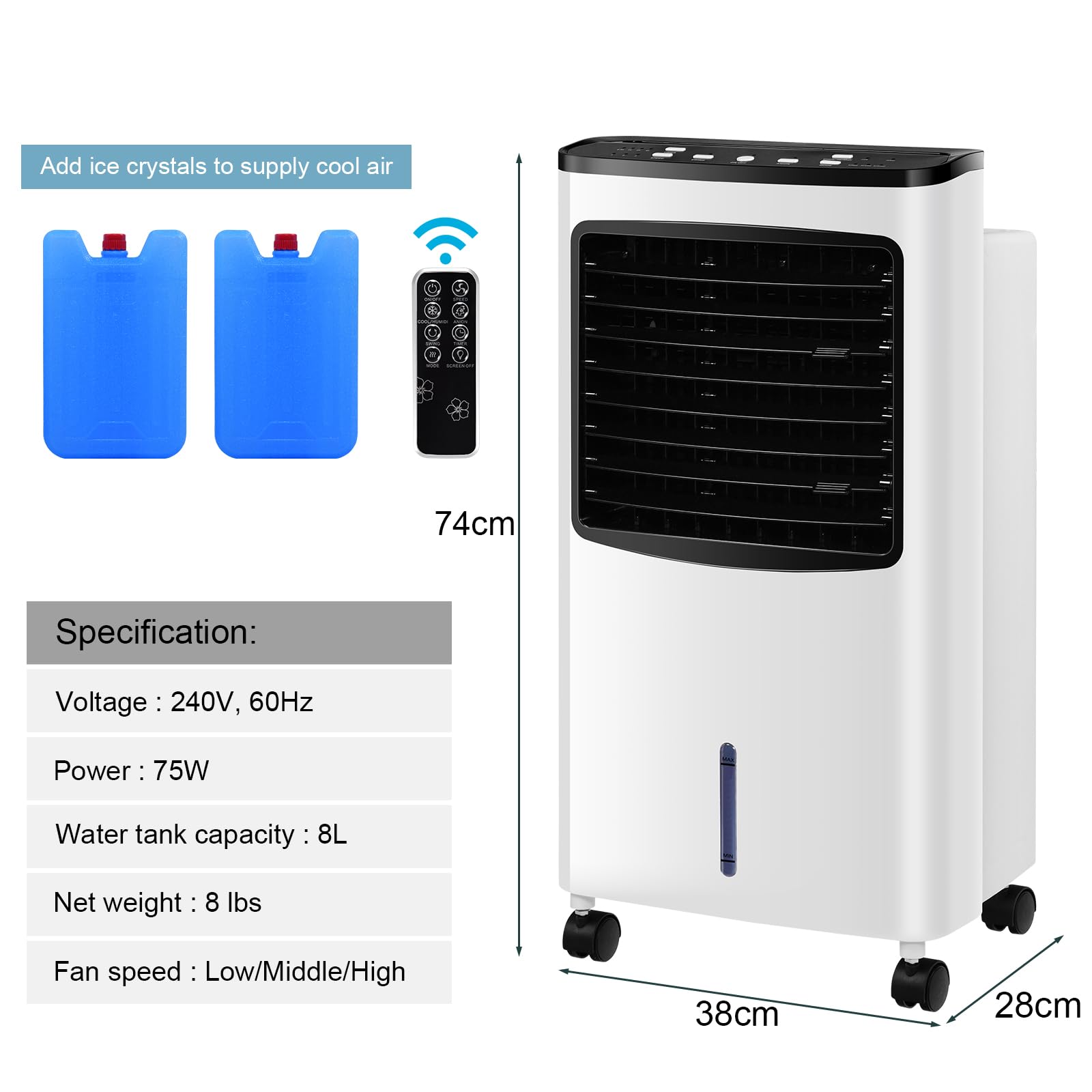 SOARS Ventilatore Senza Tubo 75W, 3 in 1 Air Cooler & Ventilatore & Umidificatore con Telecomando, 3 Velocità, Timer 7,5H, Serbatoio Acqua 8L, 38 X 28 X 74 CM, per Salone, Camera da Letto, Ufficio