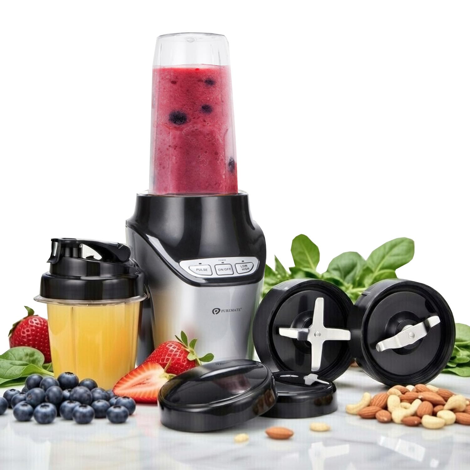 PureMate 1000W Blender 8 Piece Kit Set Powerful 18,000 RPM Personal Blender, Smoothie Maker, Crush Ice, Frozen Fruit,Nuts, Includes 1000ml & 450ml Cups with Sealable & Flip Top To-Go Lid & User Manual
