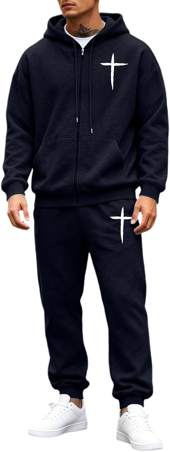 HJINGSUN Men's Sweatsuits Christian Cross Zip Up Hoodie Jogger Tracksuit