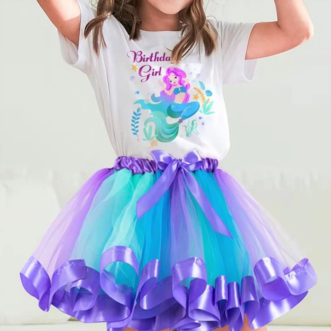 Doctor Unicorn Birthday Girls Mermaid Outfit Set Costume Tutu Skirt Dress, Mermaid Birthday Shirt, Headband & Satin Sash - Image 2