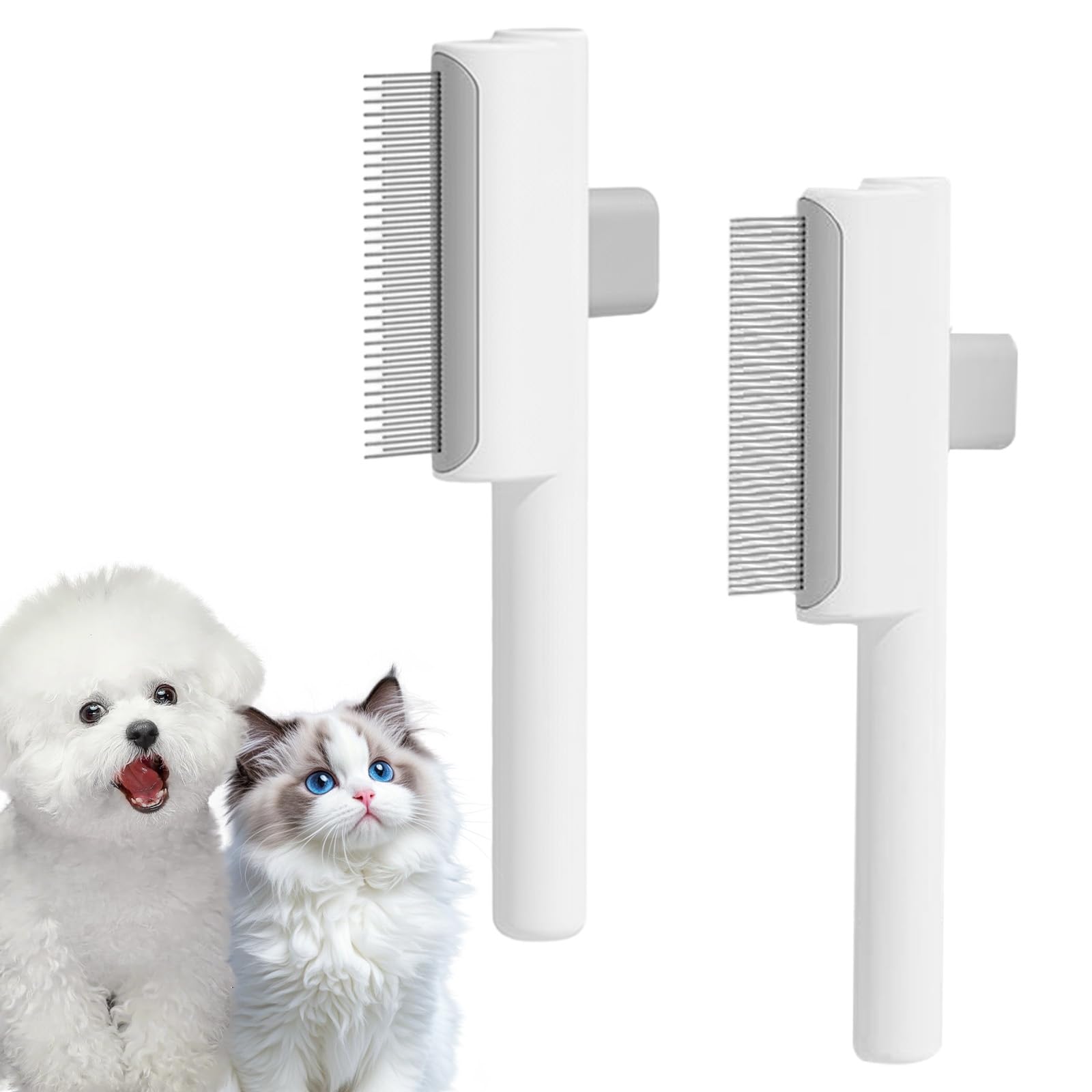 2Pcs Cat Dog Comb Set - Self-Cleaning Flea Comb for Cats Dogs Stainless Steel Round Teeth Grooming Brush with Release Button Removes Matted Loose Fur
