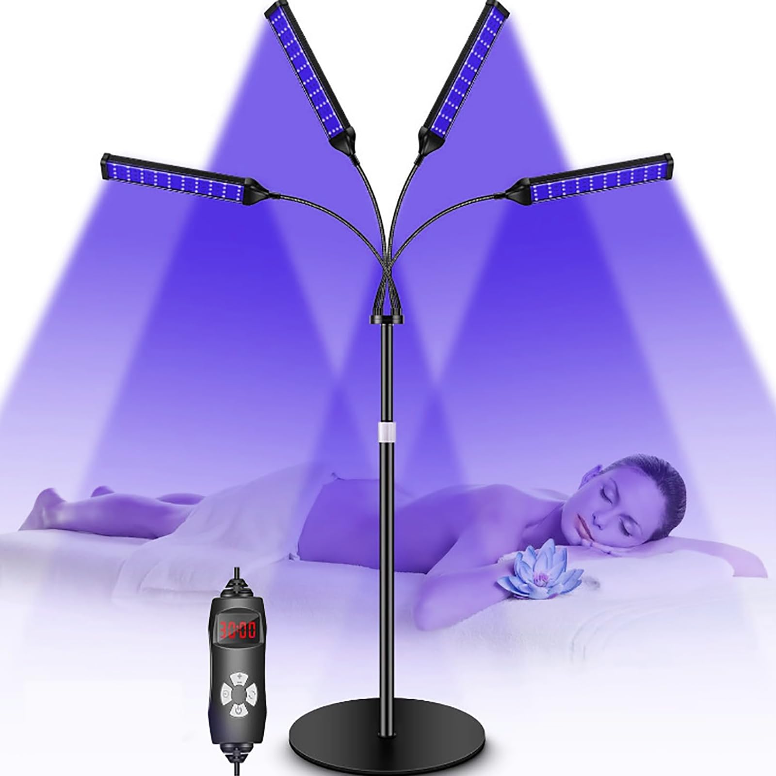 NGARY 4-głowicowa lampa samoopalająca, 40 W, pełne niebieskie światło z 420 diodami LED, timer 5-30 minut, obracana o 360°, przenośna podstawka, 5 poziomów jasności i 3 tryby pracy na twarz i ciało