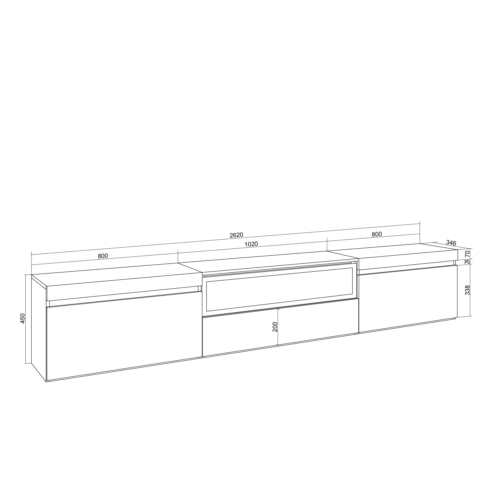 Skraut Home | Meuble TV | Banc Télé | Grand Espace de Rangement | 260x45x35cm | TV Grand Format | Cheminée électrique | Style Moderne | Blanc et Chêne Soft