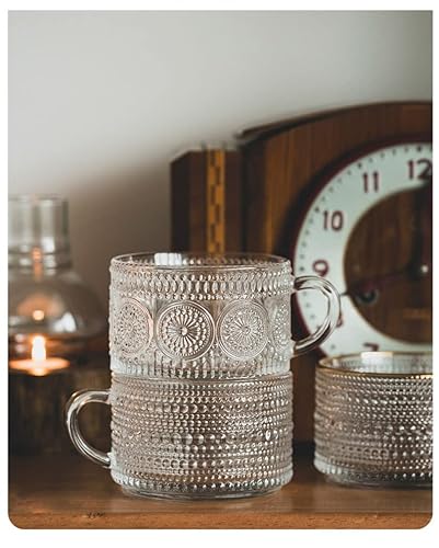 Amzcku Vintage Coffee Tea Cups, Glass Mugs With Spoon And Coasters 14 Oz Set Of 2 Embossed Glassware With Handle, For Cappuccino, Latte, Cereal, Yogurt, Beverage Hot/Cold, Milk #TOP6