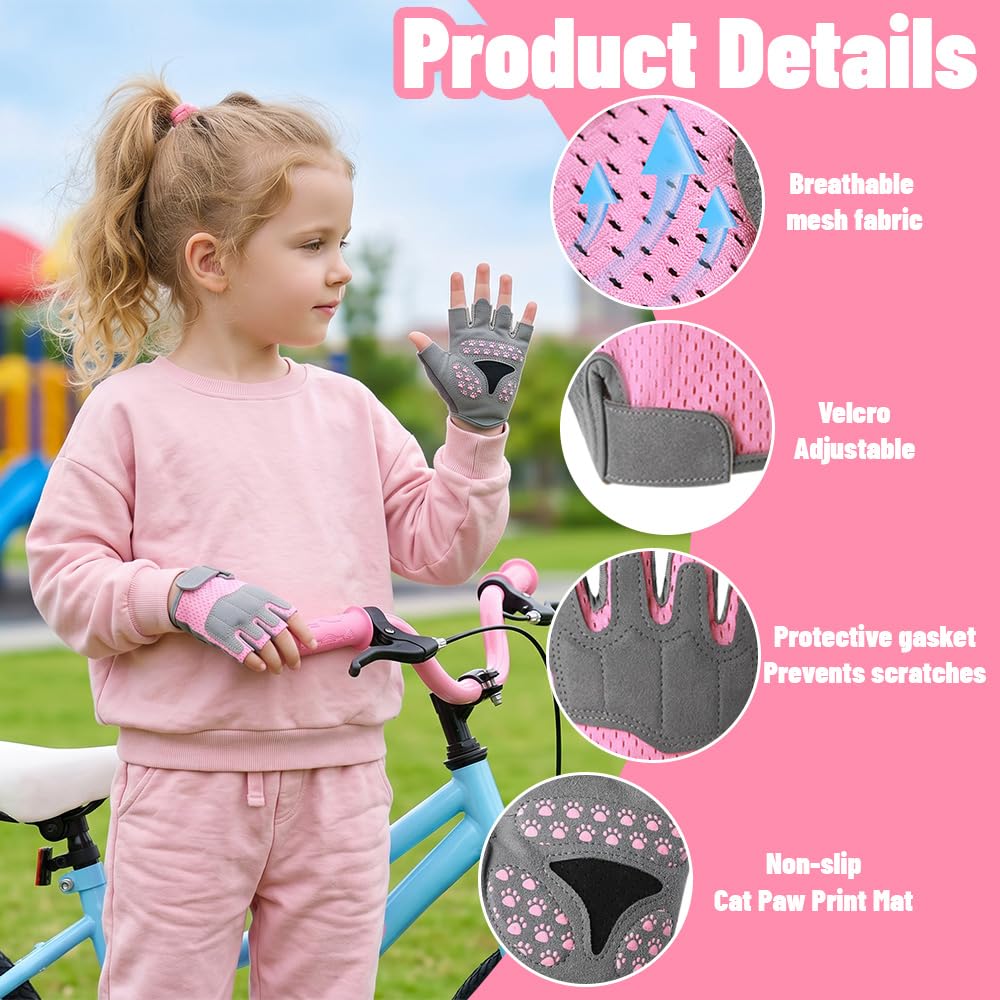Fahrradhandschuhe Kinder, rutschfeste, Atmungsaktive, Unisex Fingerlose Handschuhe, Schutzpalmen, Kinder Sporthandschuhe für Radfahren, Eislauf, Roller, und Sportarten Im Freien(Rosa)