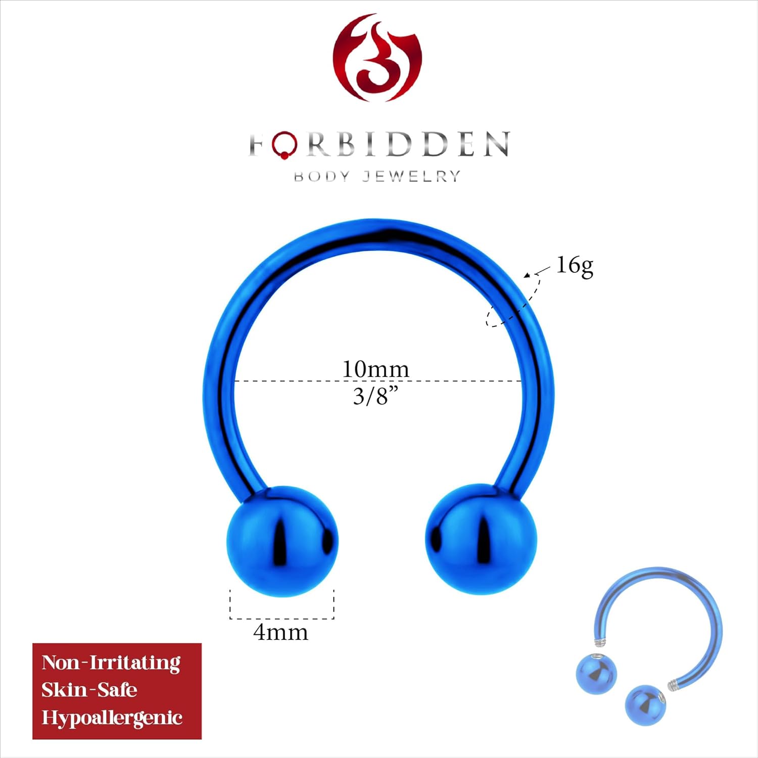 Forbidden Body Jewelry 16g 10mm 316L Surgical Steel IP Plated Blue Horseshoe Ring with 4 mm Balls - Image 2