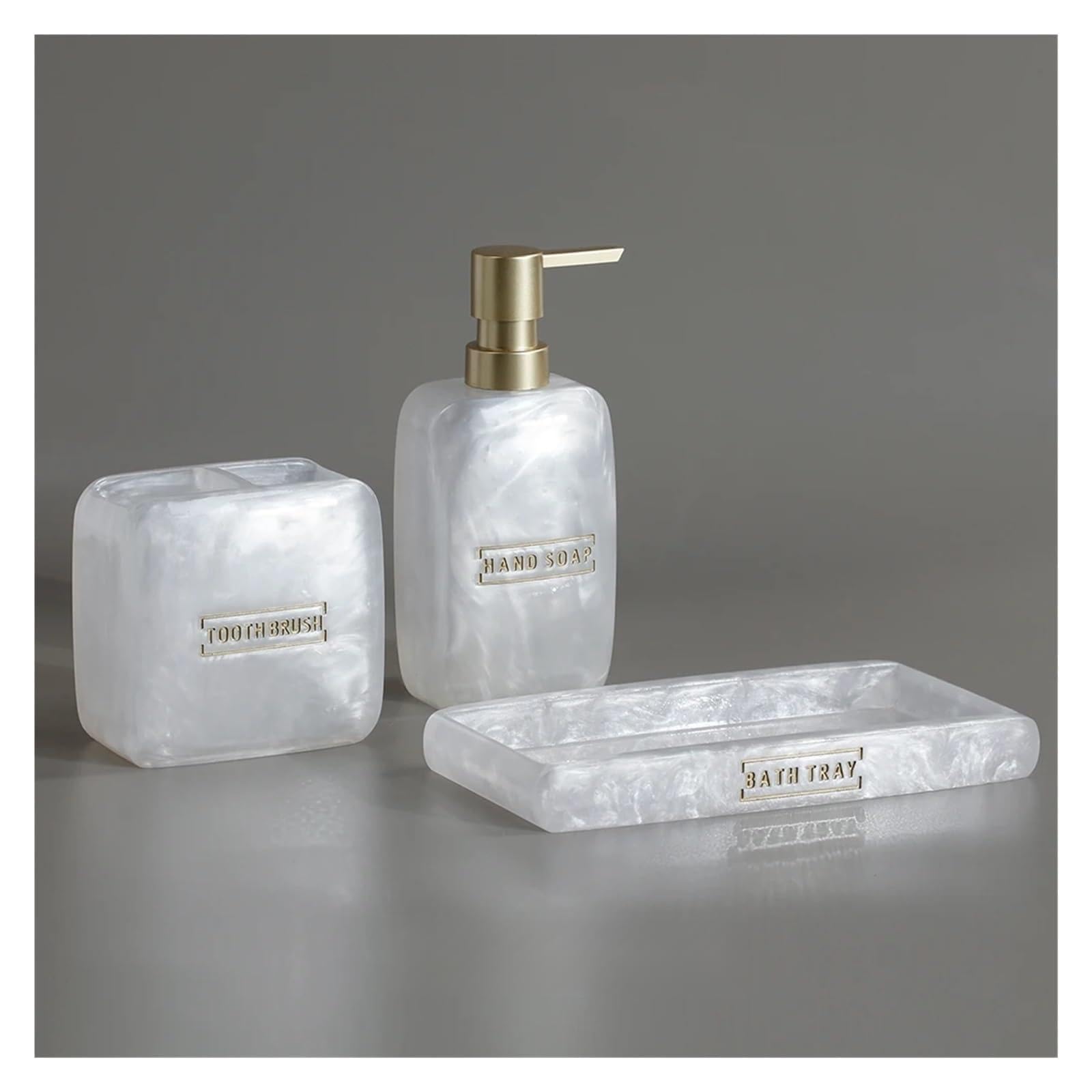 bathroom soap dispenser set Bathroom Accessories White Pearl Look Vanity Countertop Accessory Set,Soap Dispenser,Toothbrush Holder,Tray