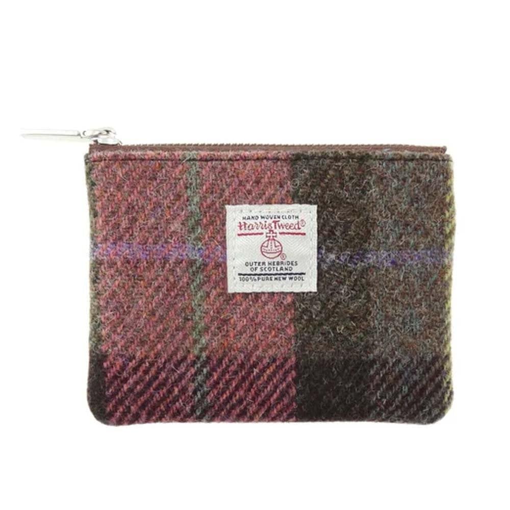 Glen Appin Harris Tweed 'Eriskay' Small Zip Coin Purse (Colour 137 Green/Pink Check)