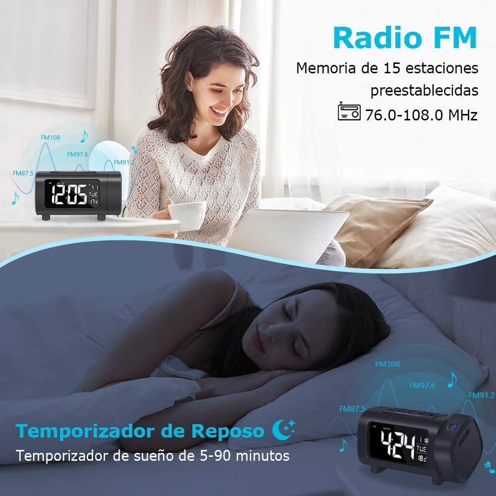 LIORQUE Radio Despertador Proyector, Reloj Despertador Digital con Gran VA Pantalla, Radio Reloj FM, C°/F°, 12/24 H, DST, 4 Niveles de Brillos, USB, Despertador Digital 180° con Función de Memoria