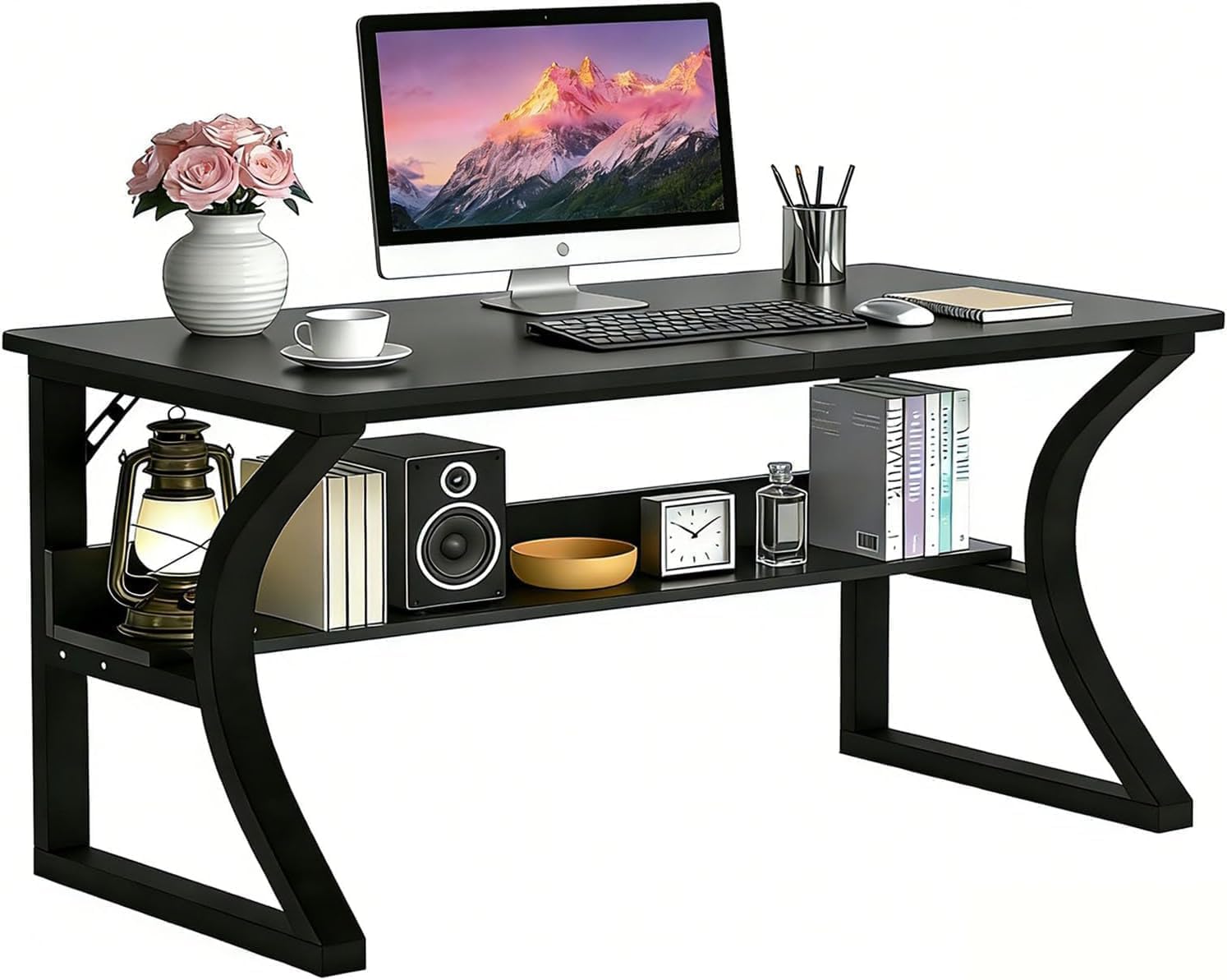 - 47'' Computer Desk w/Storage & Cable Management, Home Office Desk w/Sturdy U-Shaped Metal Frame & Water-Resistant Scratchproof Surface, Study Writing Desk for Office & Bedroom, Black
