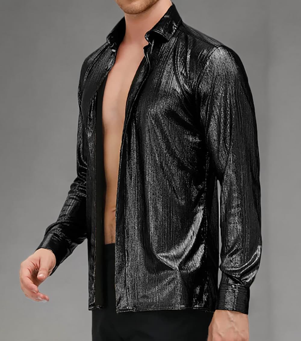 PJ PAUL JONES Men's 70s Disco Shirts Luxury Metallic Sequins Button Down Long Sleeve Party Shirt Nightclub Costume Tops - Image 6