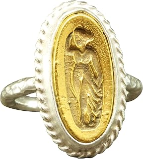CAPRIXUS 925 Sterling Silver Signet Ring Ancient Greek Aphrodite Goddess Coin 24K Gold Vermeil Two Tone Hammered Twisted Rope Setting Designer Handmade Turkish Fine Jewelry for Women