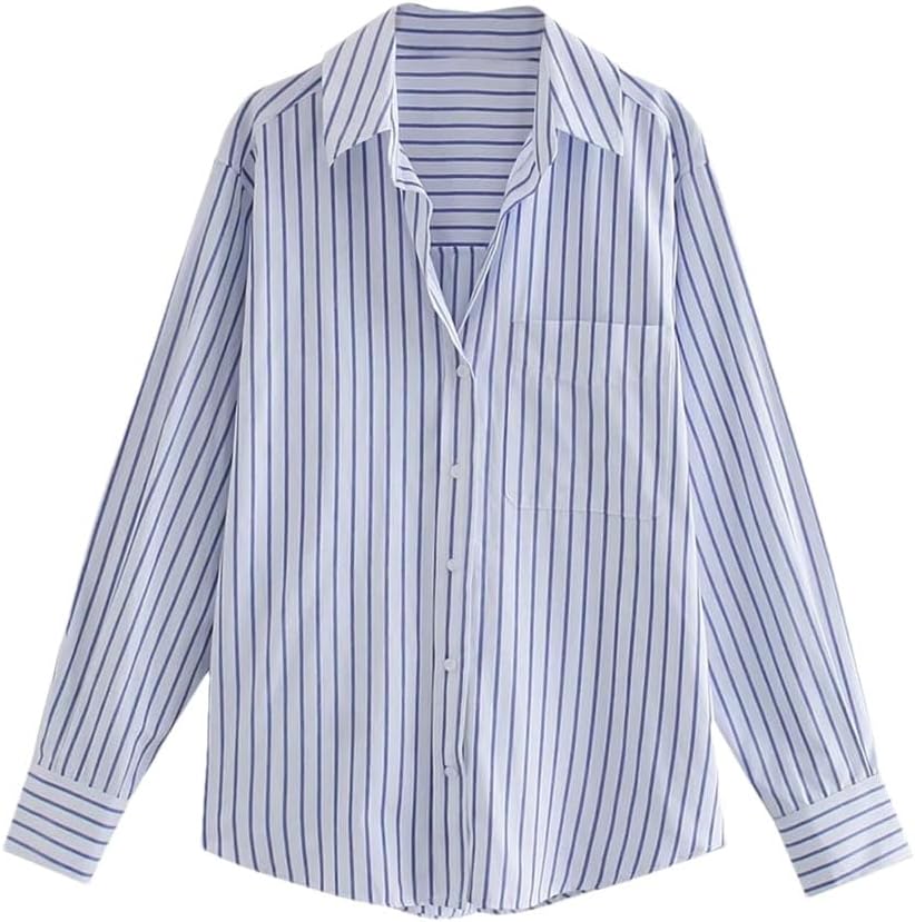Women's Button Striped Pocket Loose Shirt Blue1 XS