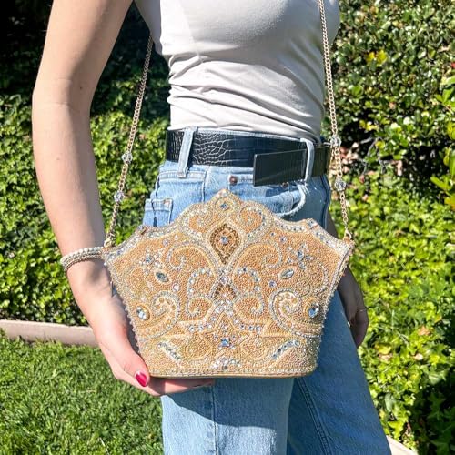 Image of Mary Frances Golden Rule Beaded Crown-Shaped Crossbody Handbag with Crystal Embellishments Royal-Inspired Evening Clutch Bag, Gold