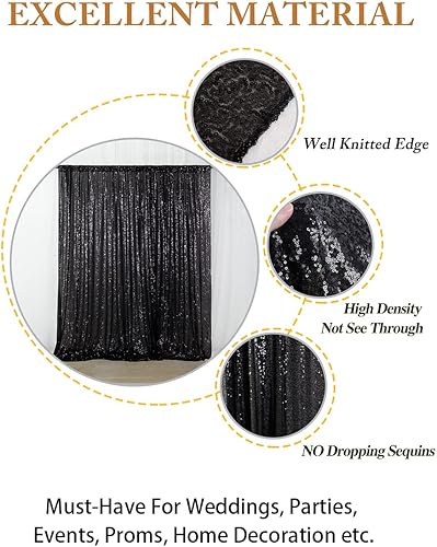 Miniatura 4 de ShinyBeauty Cortina de lentejuelas negras, 2 paneles de 5 x 10 pies, fondo de boda con purpurina, telón de fondo de fotografía, cortinas brillantes,