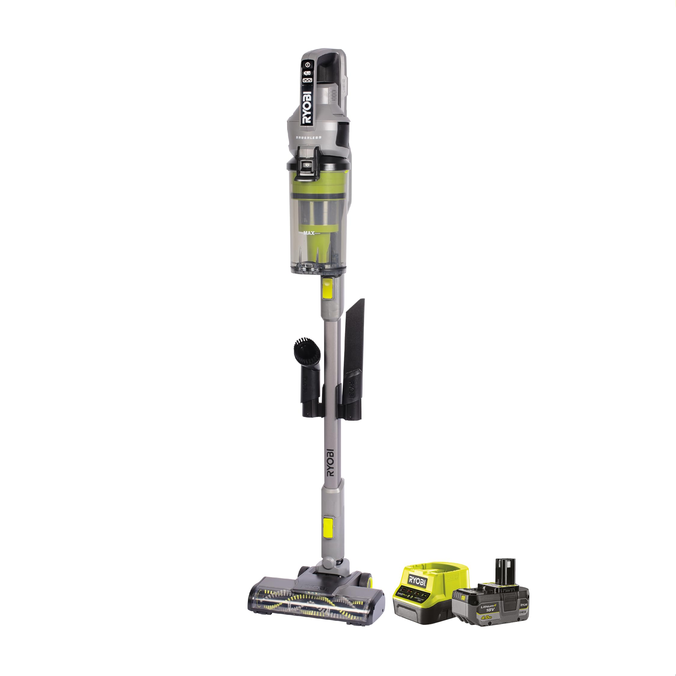 RYOBI 18 V ONE+ Brushless Akku-Staubsauger RSVS18BL-1C40G, 90 AW Saugleistung, bürstenloser Motor, Dual-Zyklon-Filtration, HEPA-Filter, LED-Düse, inkl. 4,0 Ah Akku und 2,0 A Ladegerät, Anthrazit