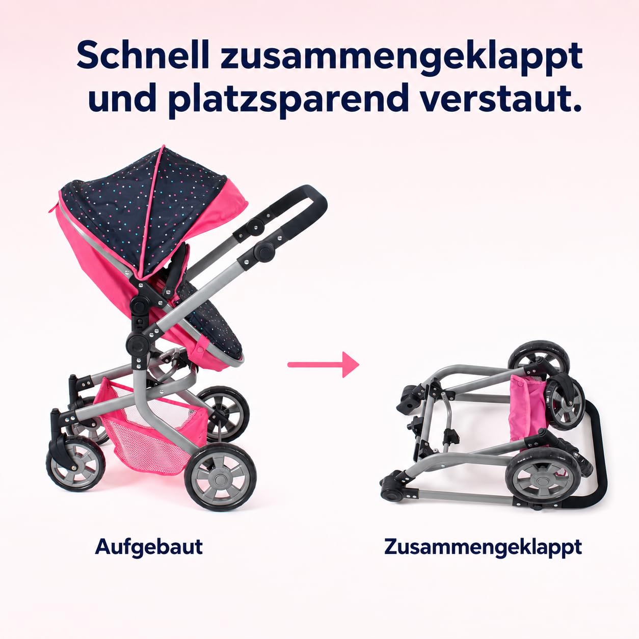 Bayer Chic 2000 - Wózek dla lalek Mika 2 w 1, wózek dla lalek kombi dla dzieci w wieku od 4 do 8 lat, wózek dziecięcy dla lalek do 52 cm, różowe konfetti