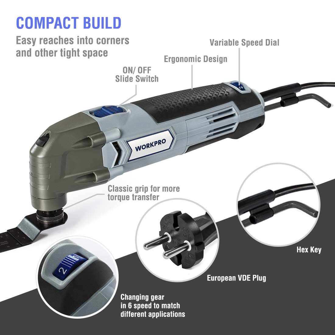 WORKPRO Utensile Multifunzione 300W, Strumento Oscillante, Elettroutensile Multifunzione 6 Velocità Variabile 10000-23000 RPM con 16 Accessori e Borsetta