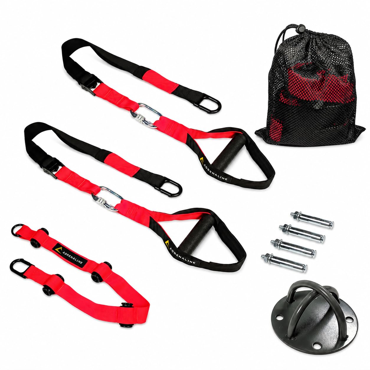Suspension Trainer Adrenaline per Allenamento in Sospensione, Cinghie Regolabili 140-190 cm con Door Anchor, Supporto a Muro e Sacca, Attrezzo Fitness per Corpo Libero, Home Gym e Functional Training
