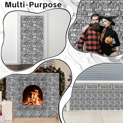 Image of party greeting Brick Stone Wall Tablecloth Roll Disposable Stone Wrapping Plastic Table Cover Castle Backdrop for Halloween Western Birthday Medieval Party Decoration Favors Supplies 100FT x 51 Inch
