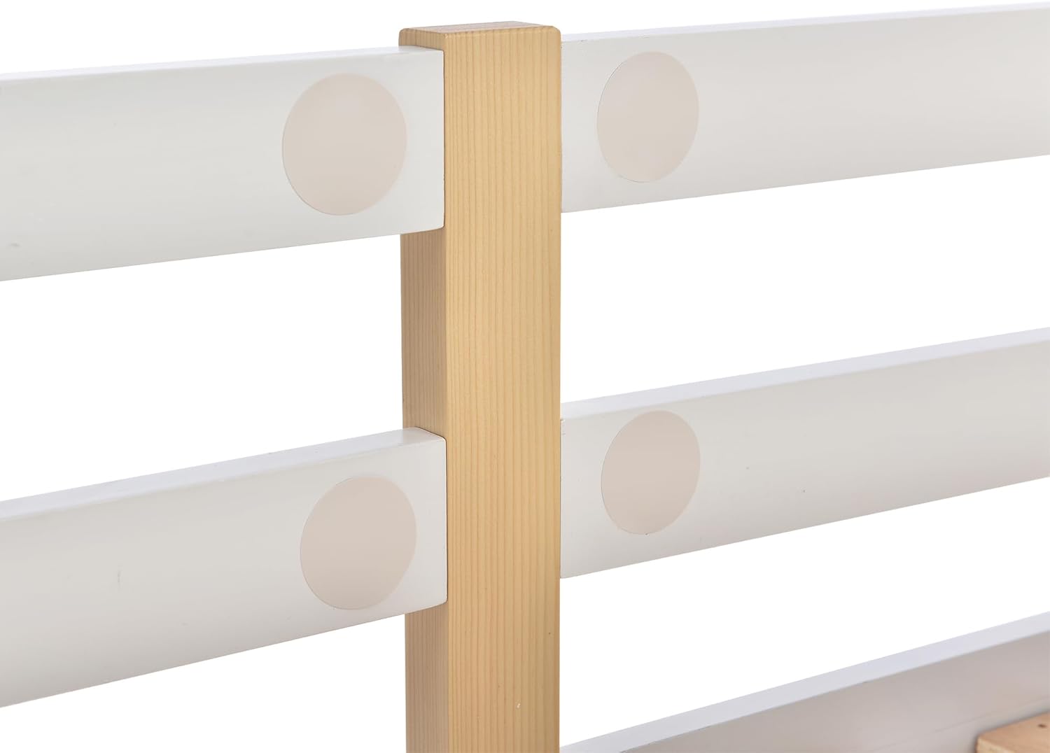 Close-up of the bed frame connection showing slats and support beam