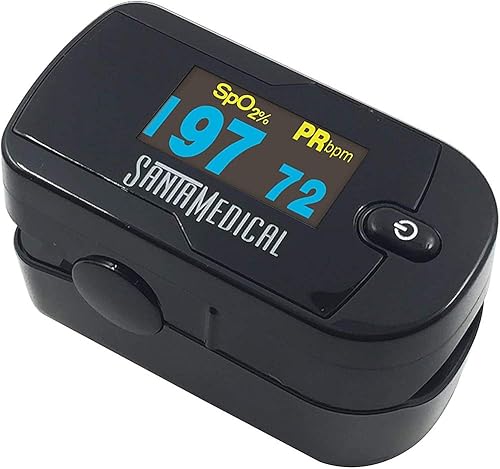 Pulsioxímetro para punta de dedo Santamedical 2 Generación ofrece oximetría de saturación de oxígeno en la sangre posee un monitor con dos baterías
