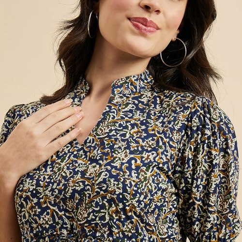 Image of Azira Cotton Printed Mandarin Collar | Blue Color | Casual Top | Woman Top| Tops for Woman | Stylish Summer Wear