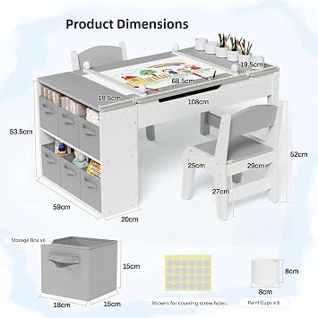 Clevich Kids Table and Chair Sets, Wooden Children Painting Table with 2 Chairs, 6 Storage Boxes, Paper Roll, Toddler DrawingTable and Chairs Set for Crafting, Writing and Learning
