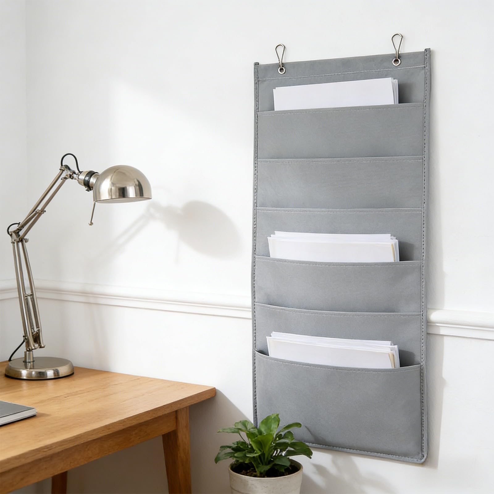 Wall Mounted File Organizer, Hanging Wall File Folder for Office School, Over The Door Document Storage, Pocket Chart for Legal Letter A4 Paper, Classroom Organization (Grey, 6 Compartments)