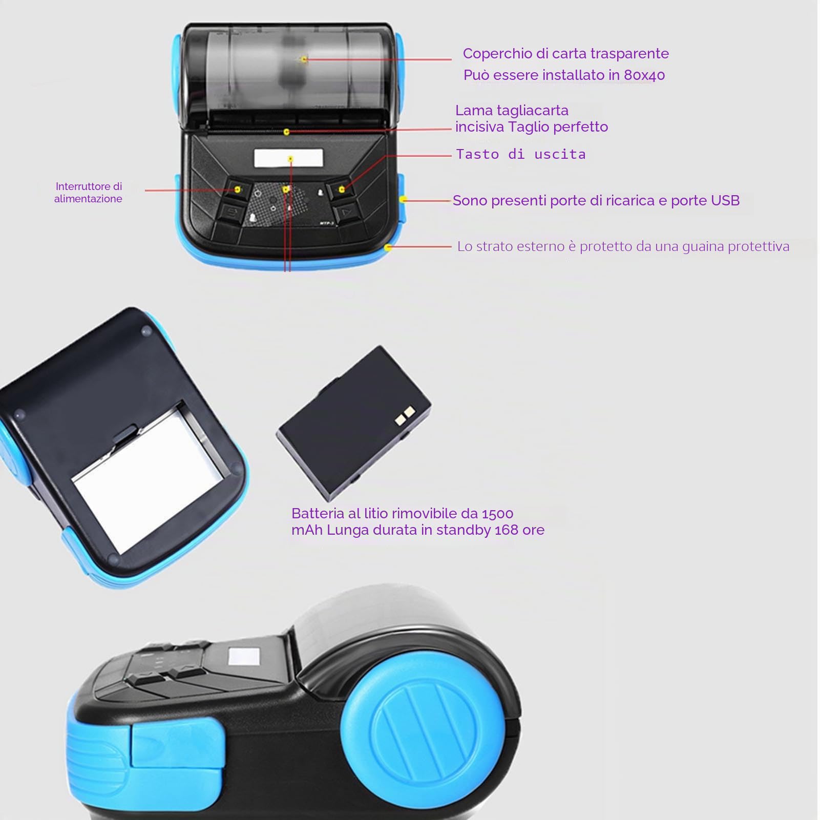Stampante termica Bluetooth portatile 80 mm ricevuta, fattura, fattura, stampante POS, stampa con smartphone tramite Bluetooth, compatibile con IOS Android
