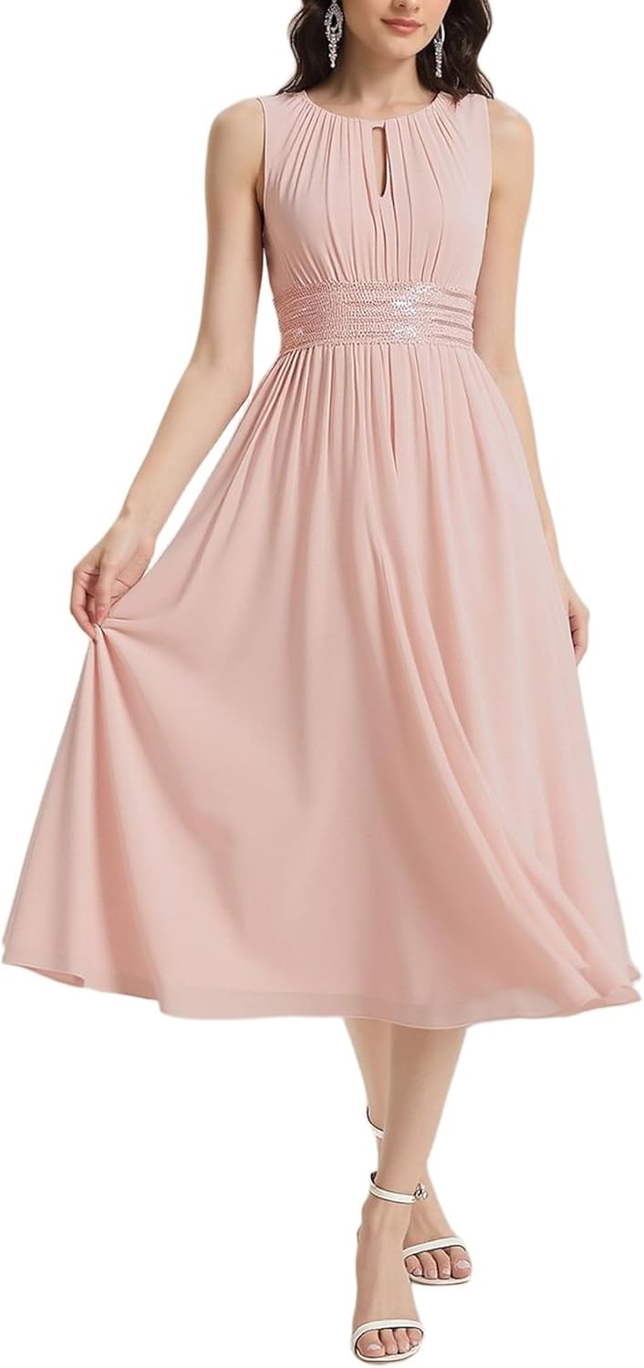 Ever-Pretty Women's Elegant Round Neck Chiffon A-Line Sequins Waist Midi Wedding Guest Dress 03955