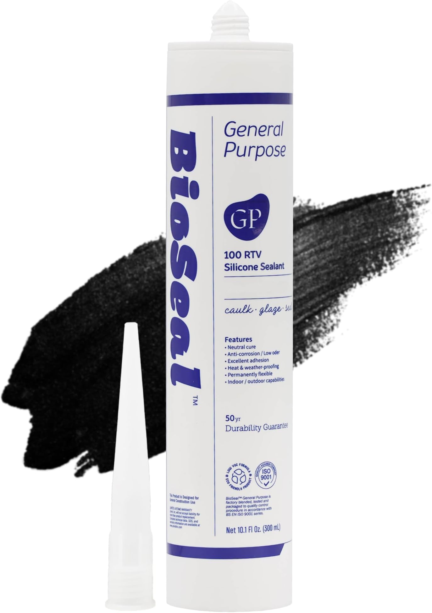 Black BioSeal 100% Silicone Sealant Caulk General Purpose, Waterproof and No Odor 10.1 Ounce Cartridge -Black (1)