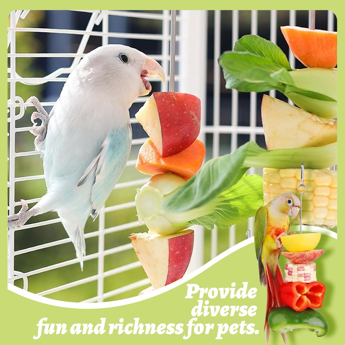 4 Pezzi Spiedino Portafrutta per Pappagalli, Mangiatoia per Pappagalli, Accessorio Appeso alla Gabbia per Foraggiamento del Cibo, Portafrutta per Uccelli, Giochi per Pappagalli, Acciaio Inox