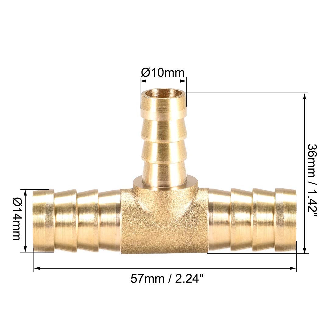 Sourcing Map 10 mm x 14 mm x 10 mm Messing-Schlauch-Reduzierstück, T-Form, 3-Wege-Widerhakenverbinder, für Luft Wasser, Kraftstoff, Gas
