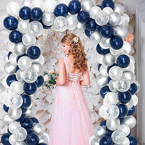 Navy Balloons, Navy Blue White Silver Confetti Latex Balloon Arch Kit with 16ft Strip Tape and Dot Glue, 95Pcs DIY Balloons Garland Kit for Wedding Birthday Graduation Baby Shower Party Decorations - Thumbnail 4