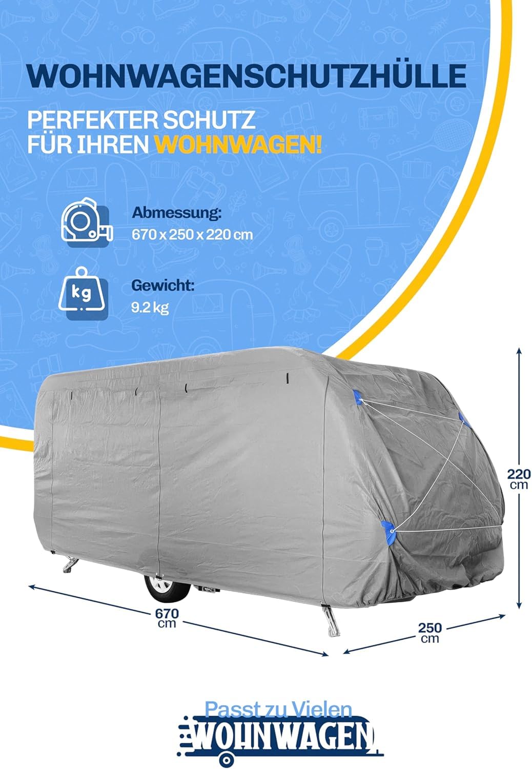 Abdeckplane Wohnwagen XL 670×250×220 cm – Winterfeste Schutzhülle für Wohnwagen & Wohnmobil – Wasserdicht, UV-beständig, mit Hagelschutz – Atmungsaktive Plane inkl. Gurte & Tasche