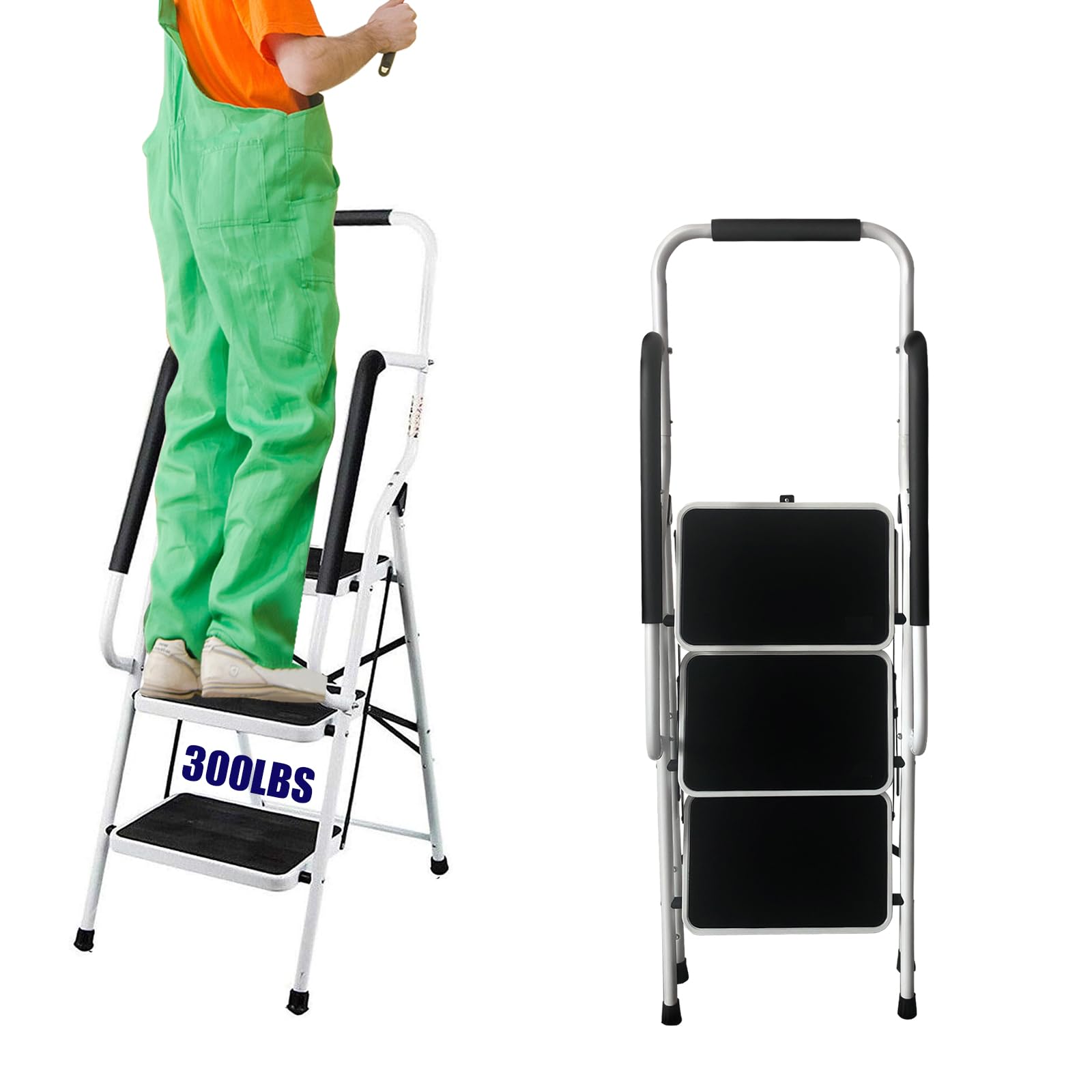 Escabeau à 3 marches - Échelle pliable en acier avec main courante de sécurité - Échelle avec large pédale antidérapante - Avec main courante confortable - Idéal pour la maison, le jardin et le