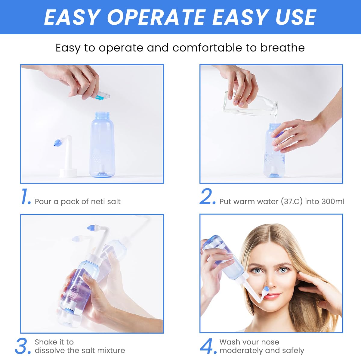 HANNEA® Nasal Rinser Kit for Sinus & Allergy Relief, With 30 Packs Nasal Wash Saline(2.7g/per pack) 300ml Reusable Nasal Rinser Kettle, Relieve Nasal Discomfort, Suits for Daily Use, with 2 Rinse Tips - Image 2 thumbnail
