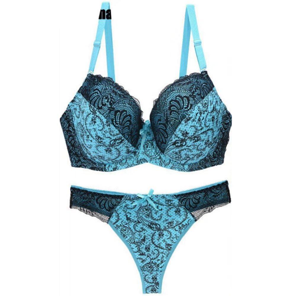 Gangcheng Women's Blue Underwear Padded Underwire Plunge Bra Panties Lingerie Thong Set 36A