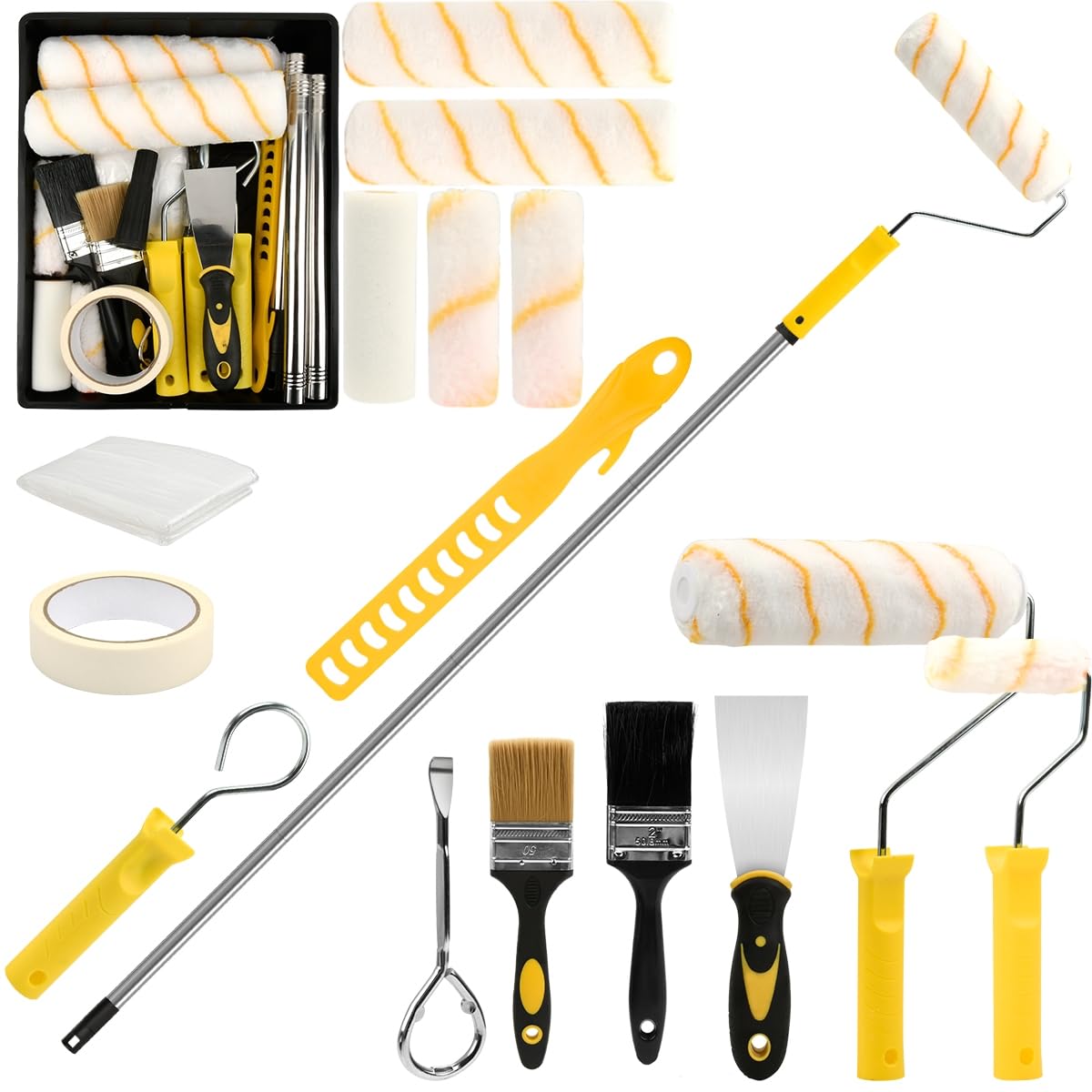 Paint Rollers and Trays Set 17PCS, Paint Roller Set with Tray 9"&4", Foam Paint Rollers for Painting, Small Paint Roller Paint Brush Set with Extension Pole for Painting Walls Ceilings Furniture Door