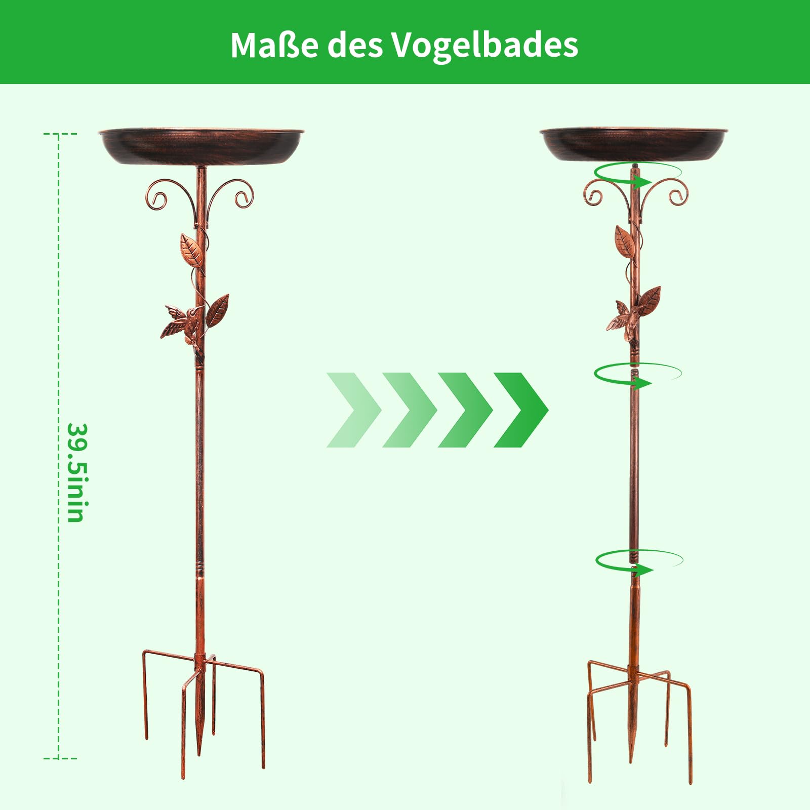 Vogeltränke Stehend, 100cm/39.5inch Vogelbad Garten, 3-in-1 vogeltränke metall mit Vogelrelief, für Draußen Garten Hof Rasen