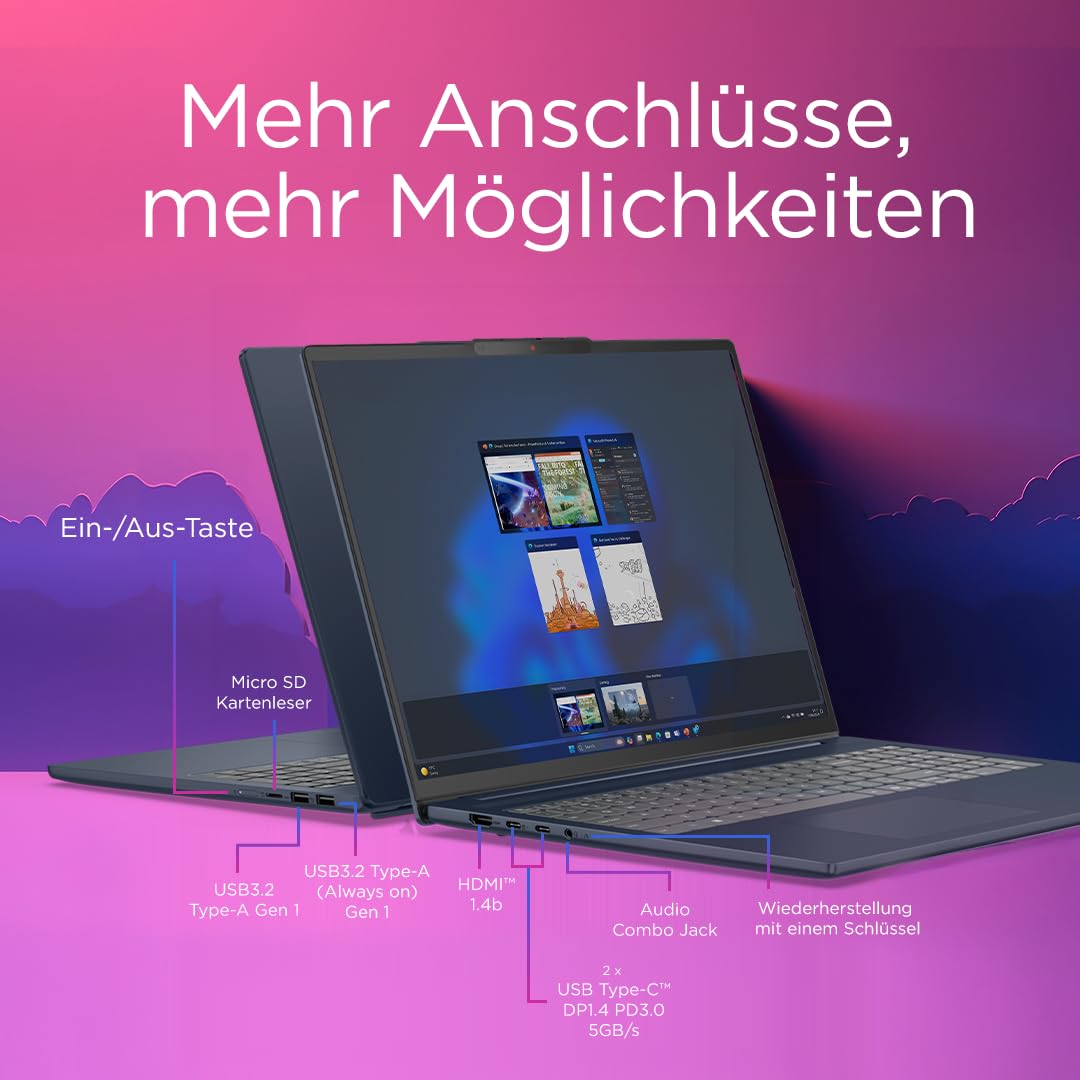 Lenovo IdeaPad Slim 5i Laptop | Copilot+ PC | 16" WUXGA Display | Intel Core Ultra 9 185H | 1TB SSD | 32GB RAM | Intel Arc Grafik | Windows 11 | QWERTZ | Cosmic Blau | 3 Monate Premium Care