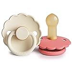 FRIGG Daisy Natural Rubber Baby Pacifier | Made in Denmark | BPA-Free (Cream/Poppy, Size 2) 2-Pack