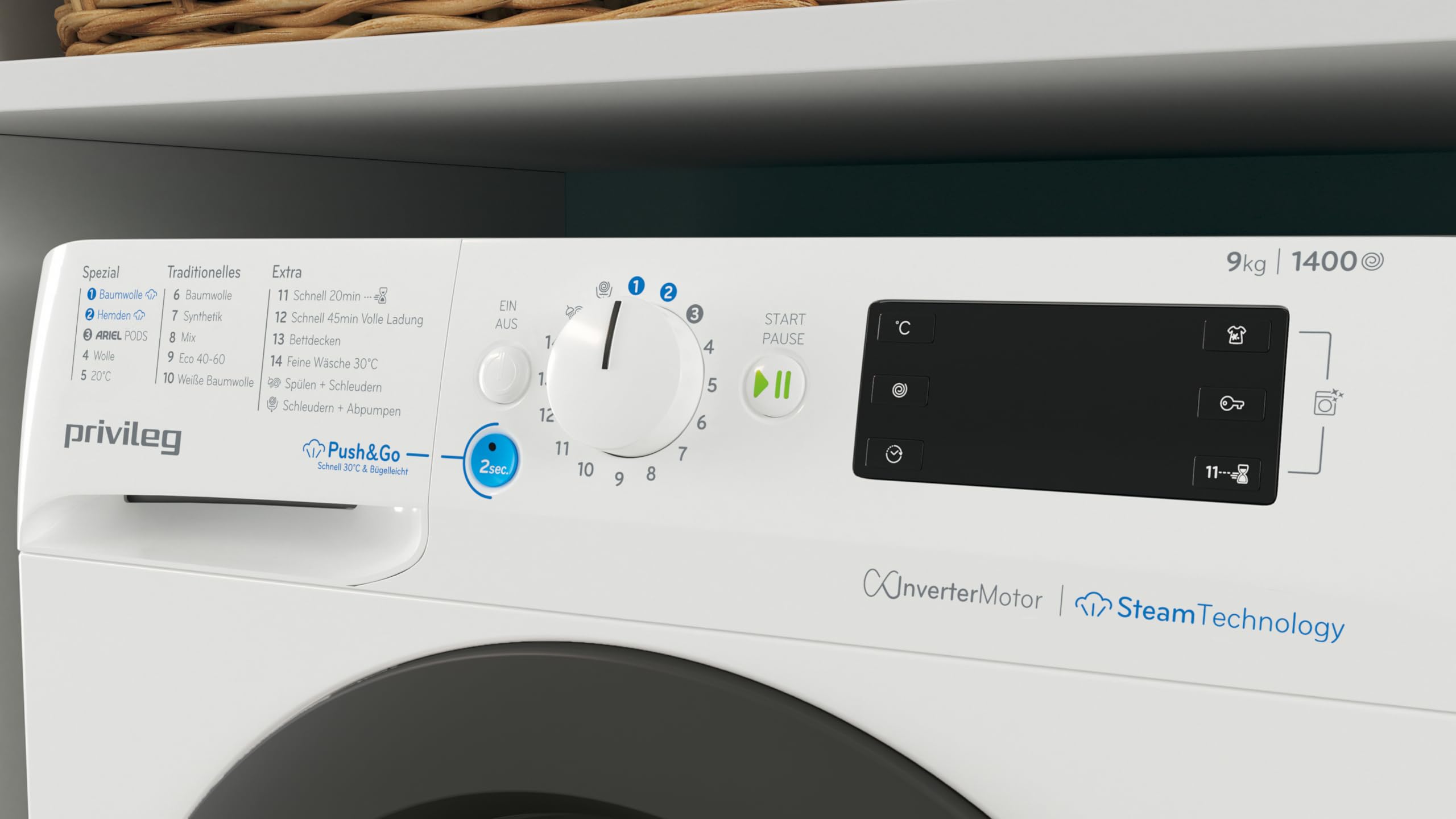 Privileg PWFV X 104 A Waschmaschine Frontlader/1400 U/min/10 kg/EEK A/Push & Go Steam/Kurz 30'/ Schnell 20°,40°,60°/Kurz 45'/Inverter-Motor/Mehrfachwasserschutz/Water Balance Plus