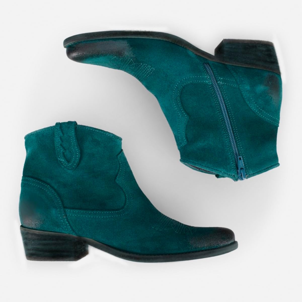 Vintage Western Ankle Boots Women Embroidered Low Chunky Stacked Heel Cowboy Booties Pointed Toe Suede Short Cowgirl Boots Side Zipper Burnished Matte Leather Two-Toned Fall Boot 4-11 M US