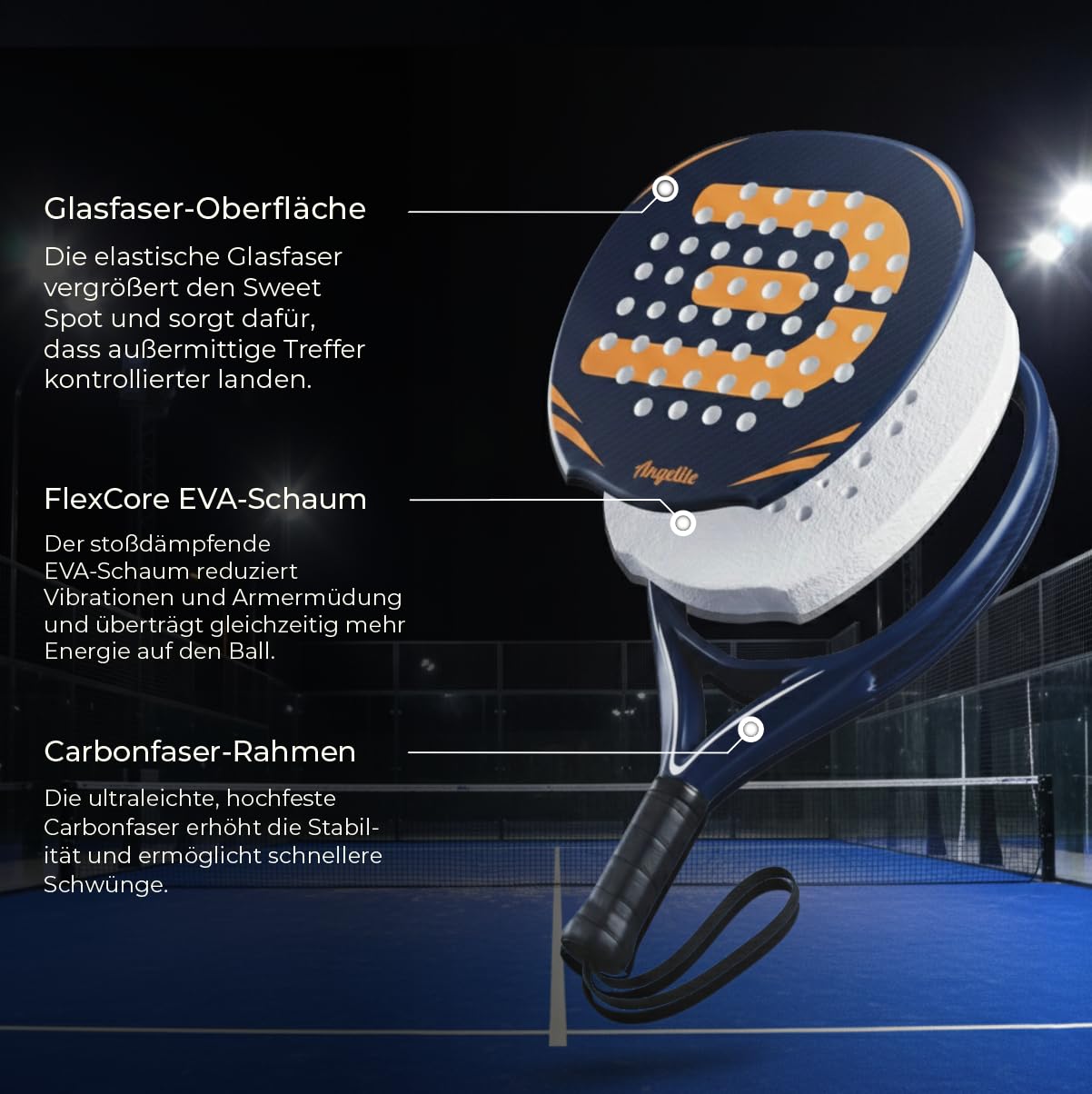 Padel Schläger von Angelite mit 2 Jahren Garantie | 360 g Leichter und robuster Carbonfaser-Rahmen, Glasfaser-Oberfläche und FlexCore Eva-Schaum für maximale Kontrolle